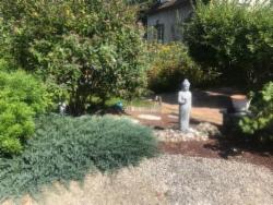 Coin de jardin zen : buis taillés, gravier et statue de Bouddha