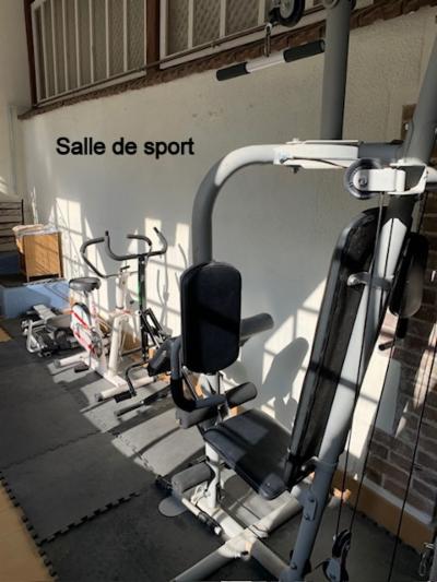 Salle de sport : appareil de musculation, vélo d'appartement et tapis de sol