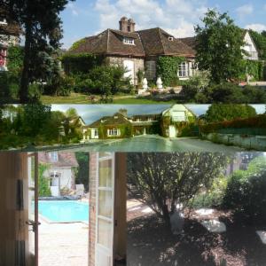 Quatre vues de la propriété : la façade couverte de vigne vierge, le parc, la piscine vue depuis une porte-fenêtre, un grand arbre